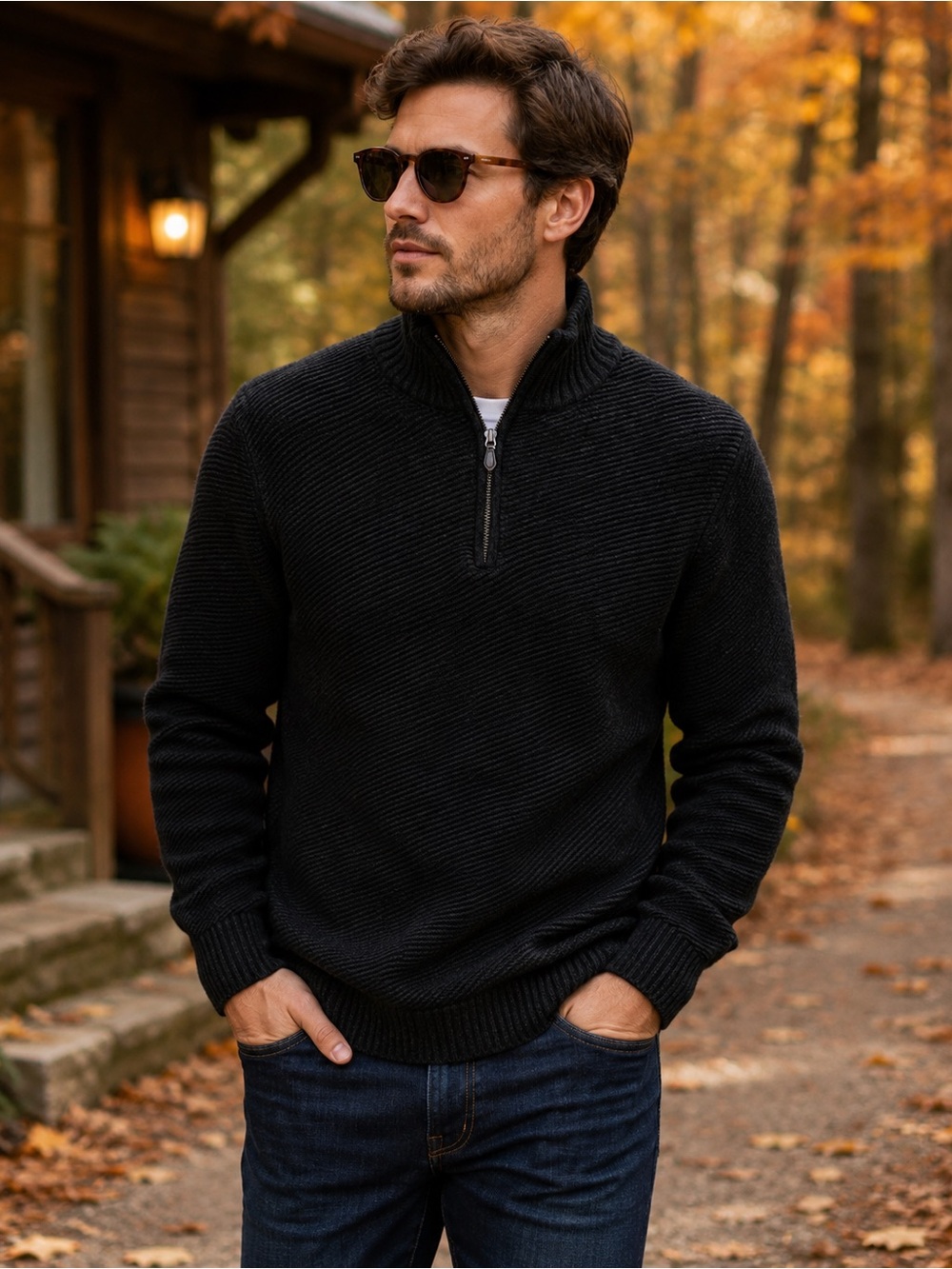 Covington Black Quarter Zip Mock Neck Sweater Men’s Medium Ribbed Pullover Knit